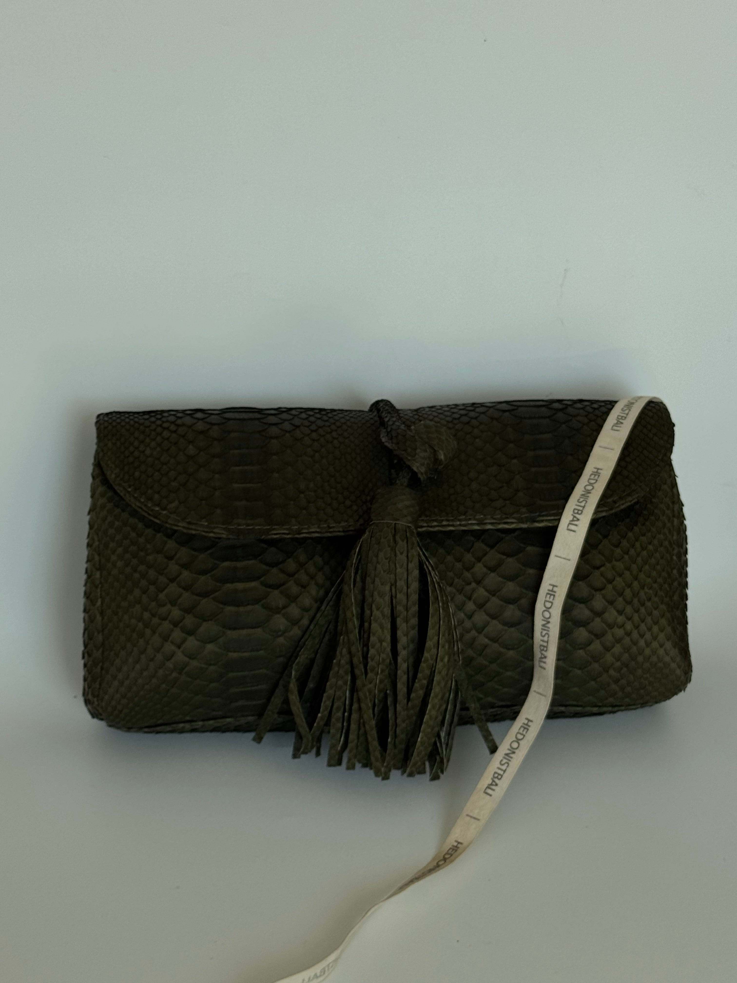 Genuine Python Skin Tassel Clutch Khaki