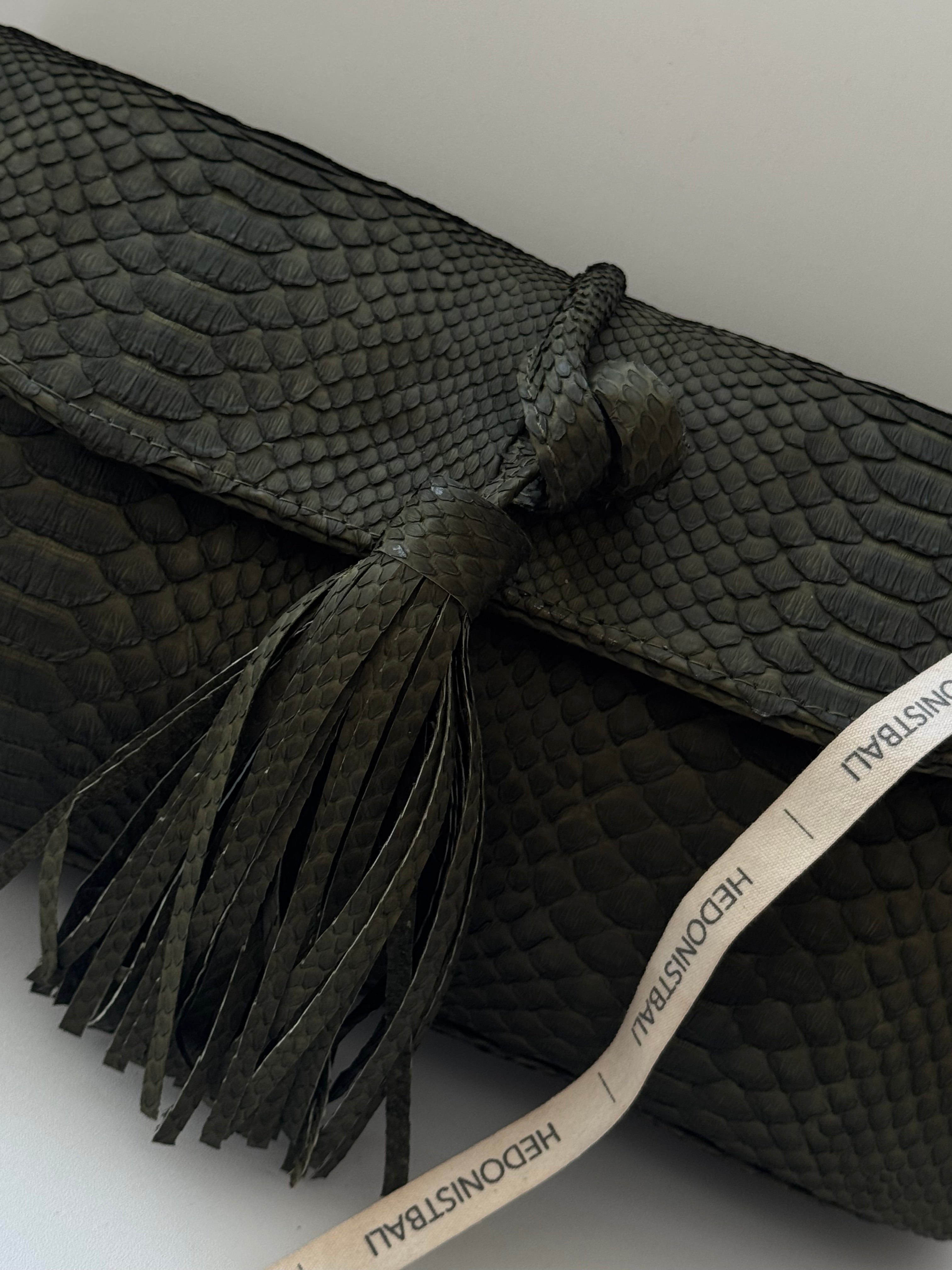 Genuine Python Skin Tassel Clutch Khaki
