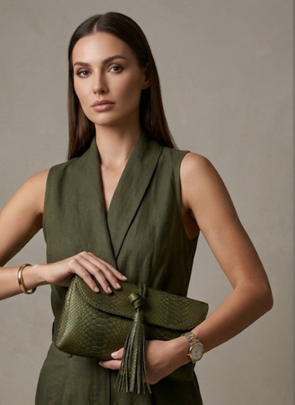 Genuine Python Skin Tassel Clutch Khaki