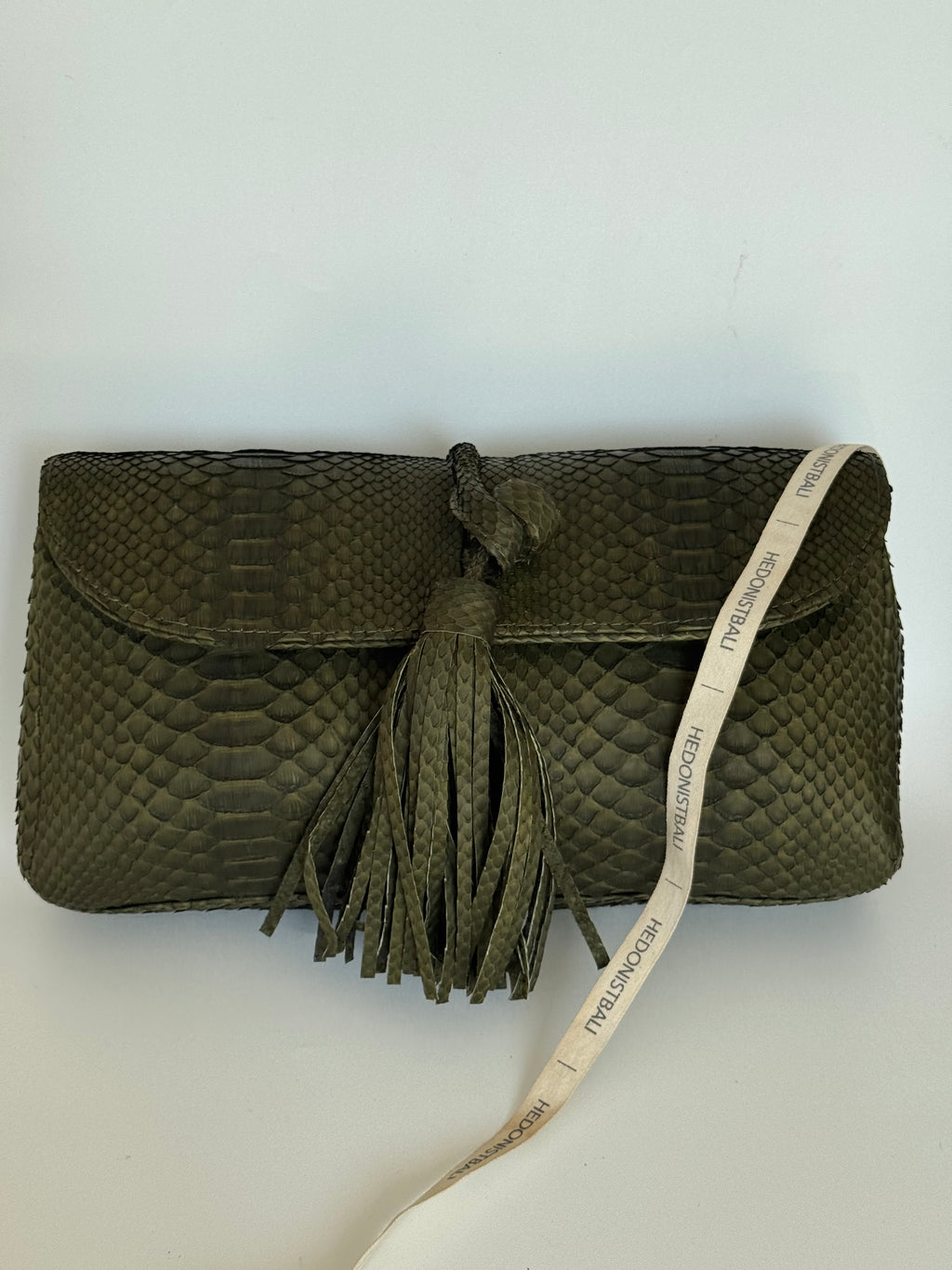 Genuine Python Skin Tassel Clutch Khaki