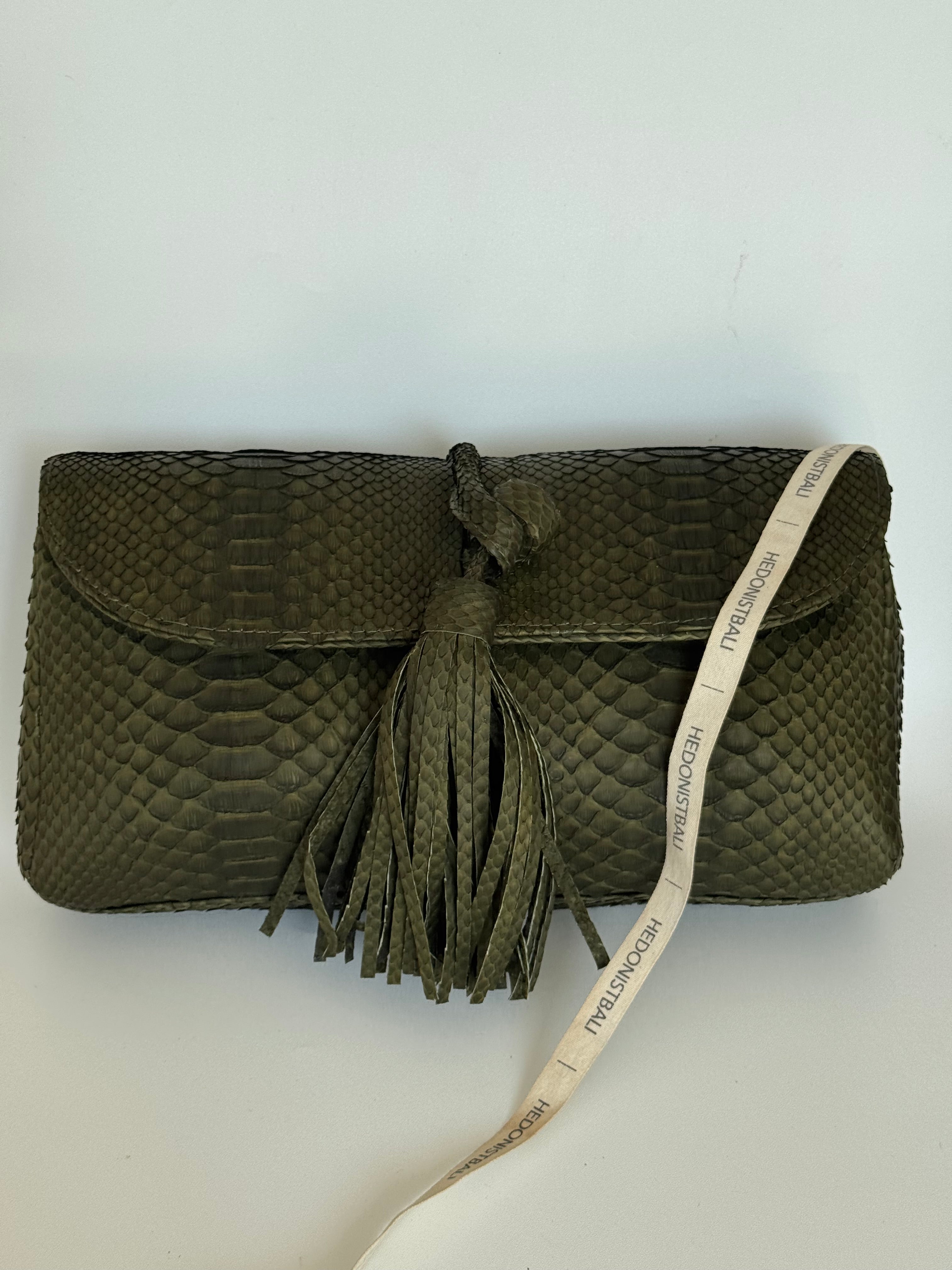 Genuine Python Skin Tassel Clutch Khaki