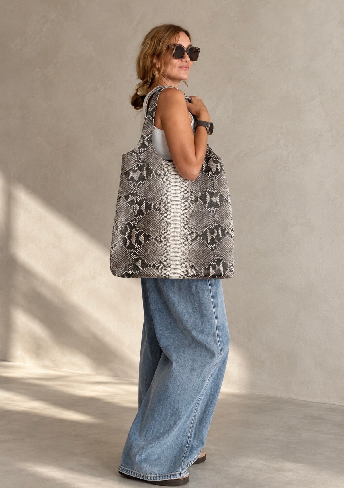 Large soft snakeskin shopper bag, exotic leather designer tote, handmade in Bali - photo 3