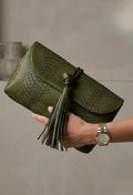 Genuine Python Skin Tassel Clutch Khaki