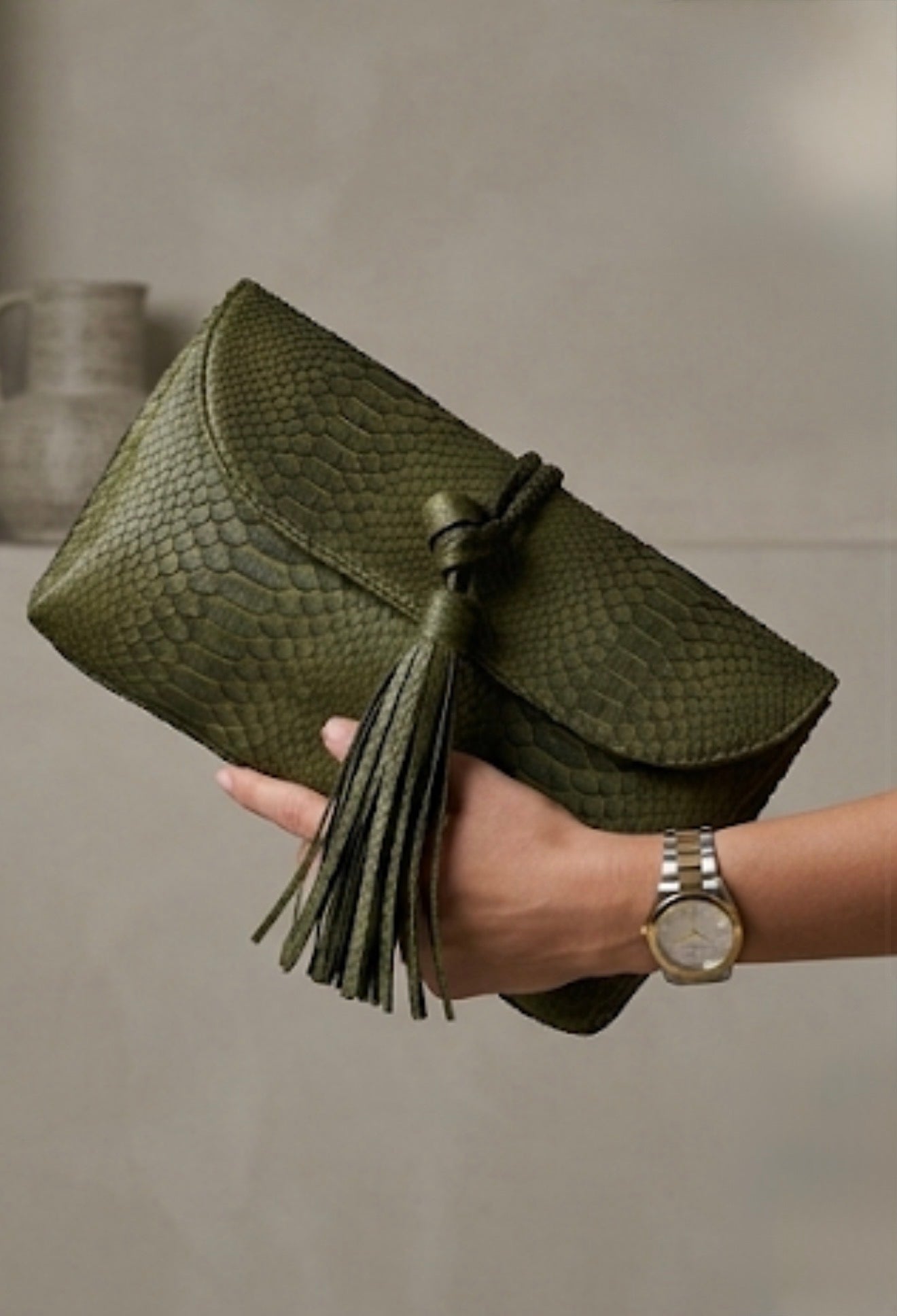 Genuine Python Skin Tassel Clutch Khaki