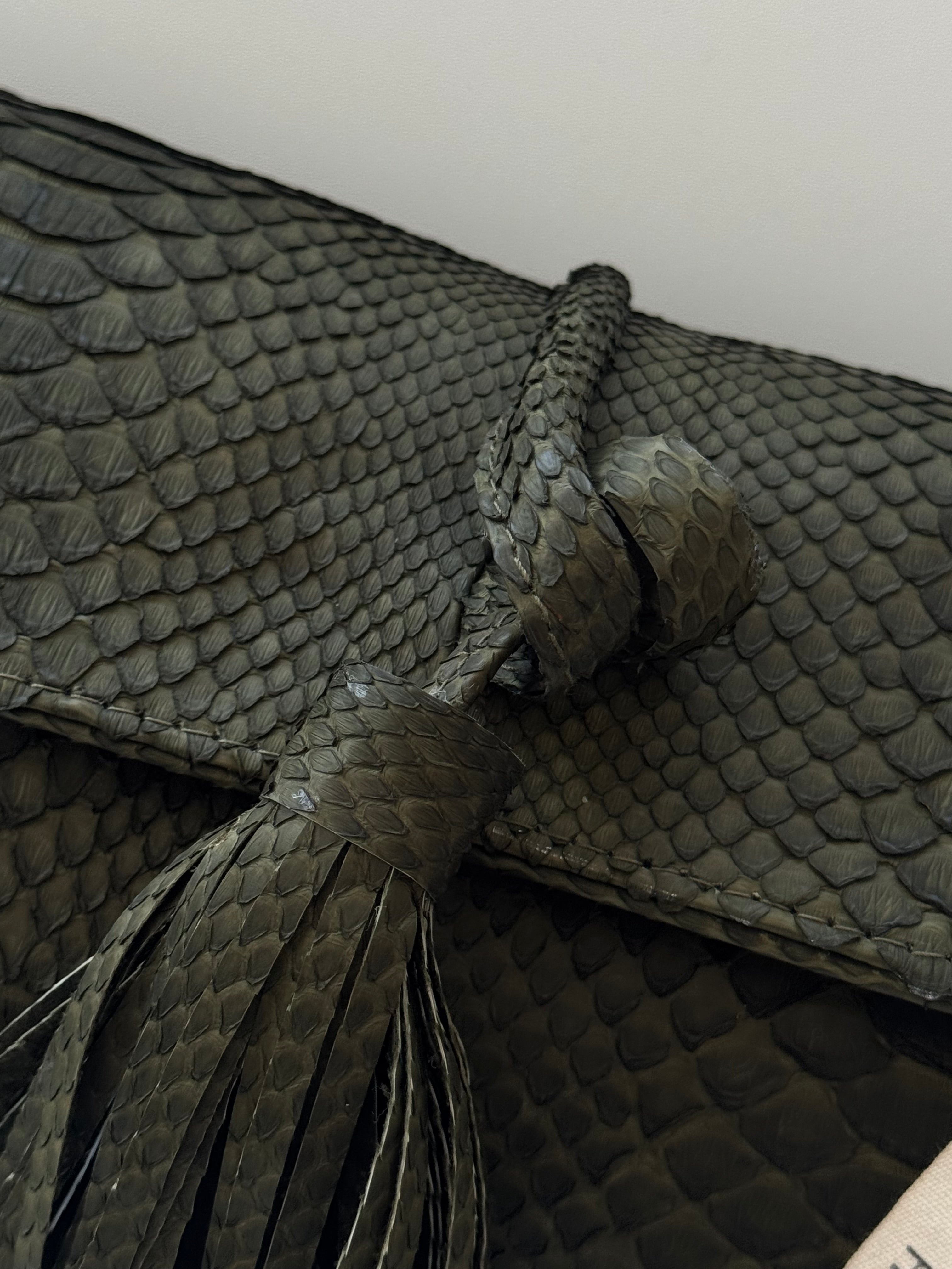 Genuine Python Skin Tassel Clutch Khaki