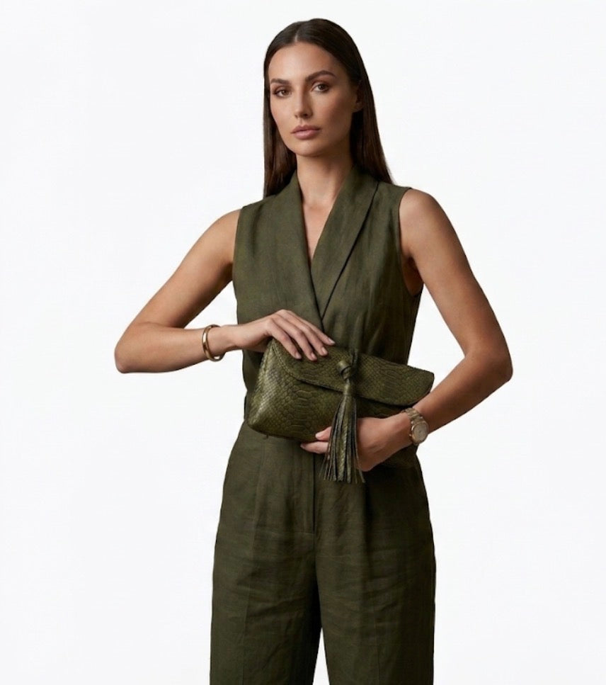 Genuine Python Skin Tassel Clutch Khaki