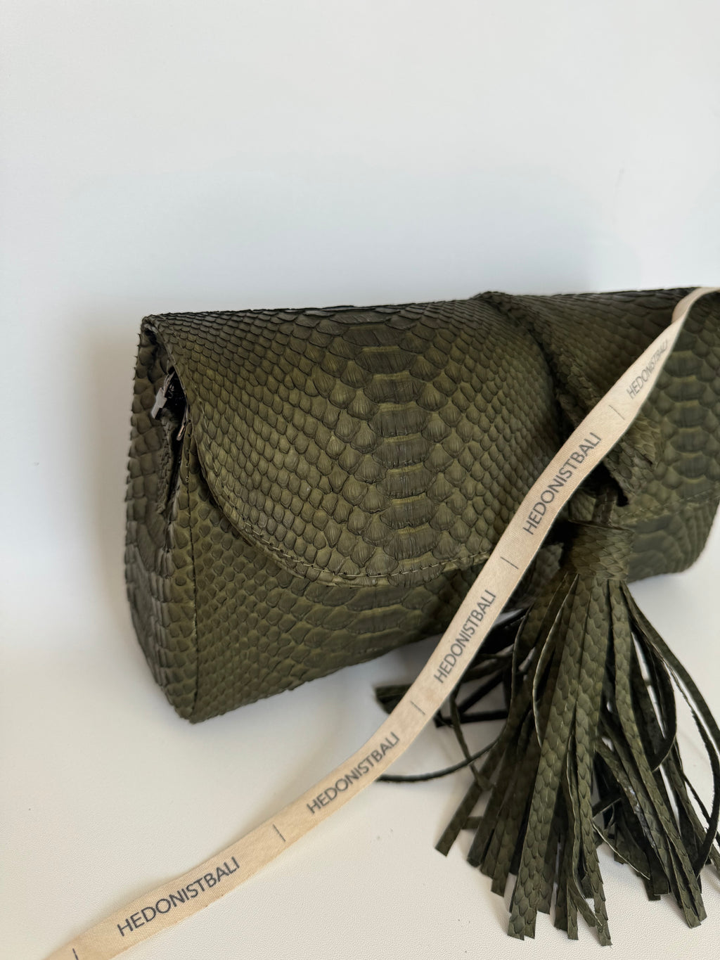 Genuine Python Skin Tassel Clutch Khaki