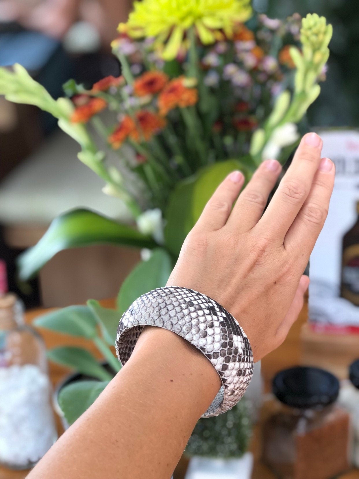 READY TO SHIP Genuine python skin  round bracelet, pythonskin leather bracelet, bangle gray leather bracelet, wide bracelet python