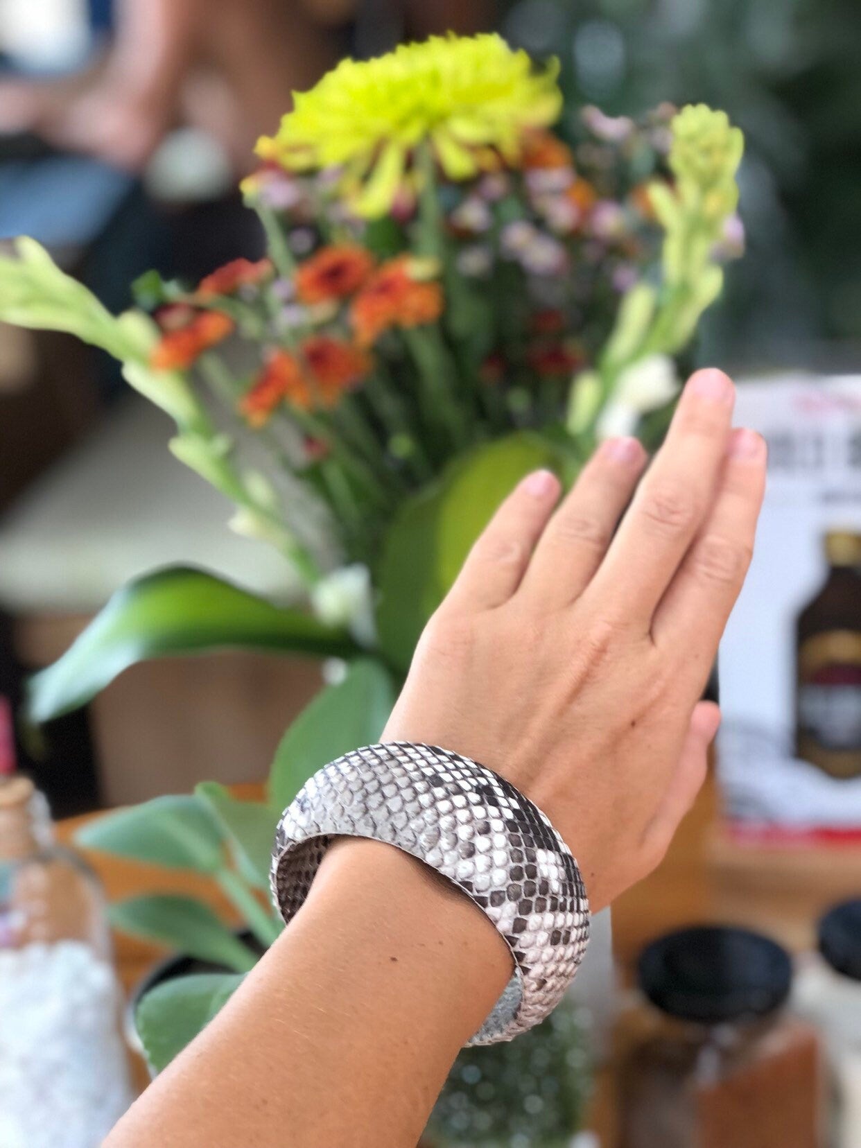READY TO SHIP Genuine python skin  round bracelet, pythonskin leather bracelet, bangle gray leather bracelet, wide bracelet python
