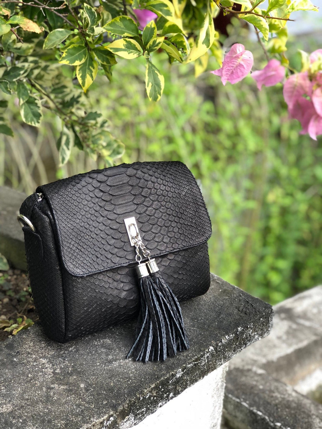 Genuine Python Skin Classy Crossbody Chain Bag Handmade — Black