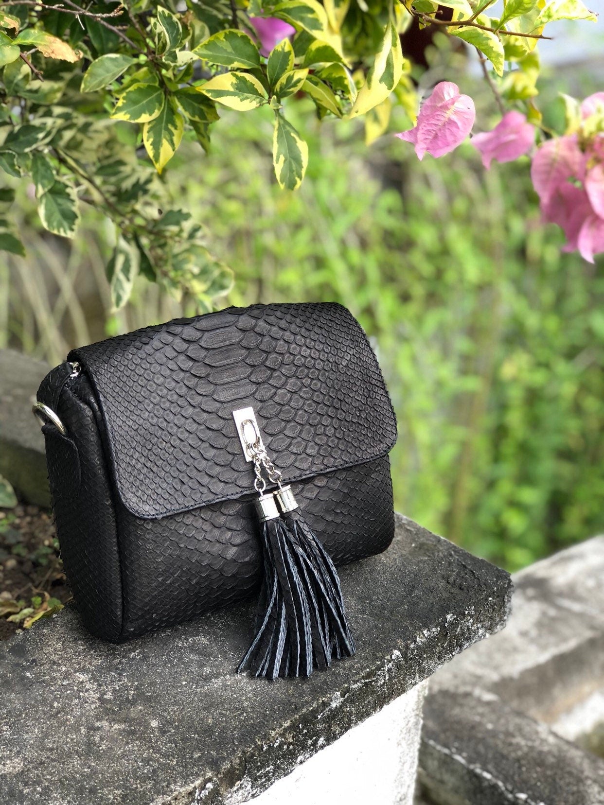 Genuine Python Skin Classy Crossbody Chain Bag Handmade — Black
