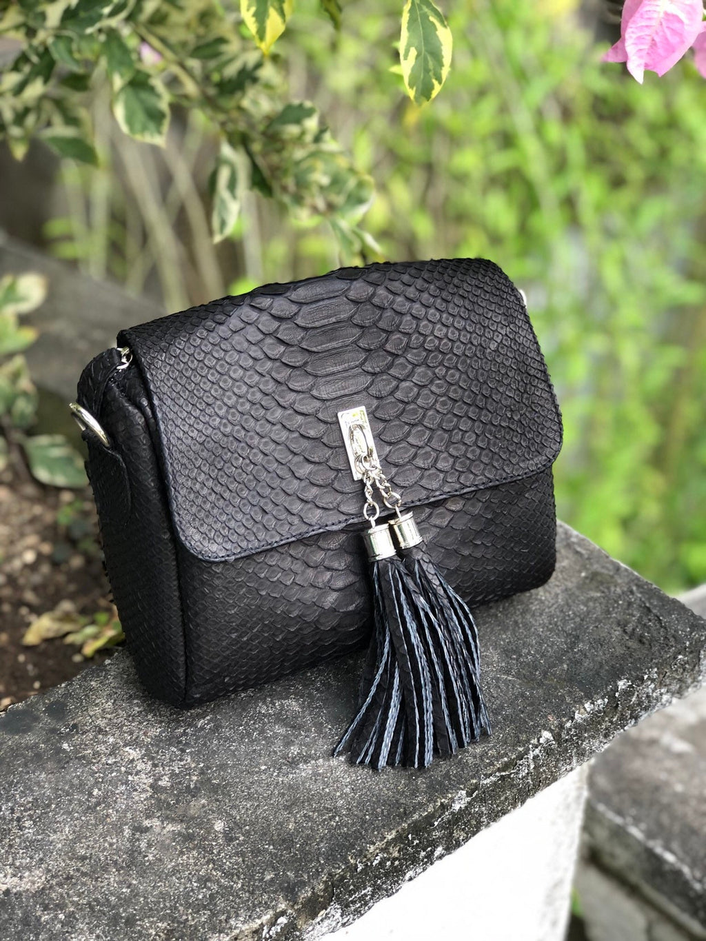 Genuine Python Skin Chain Crossbody Bag — Black Tassel