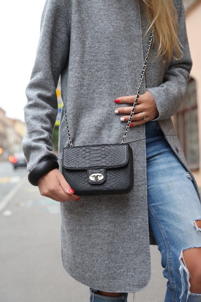 Genuine Python Skin Mini Chain Crossbody Bag — Black