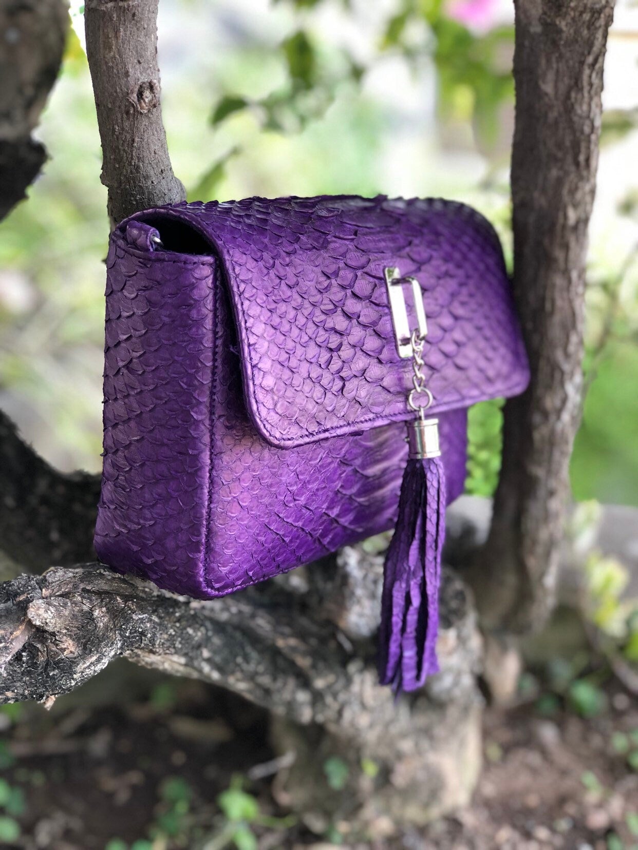 Genuine Python Skin Tassel Crossbody Bag — Violet