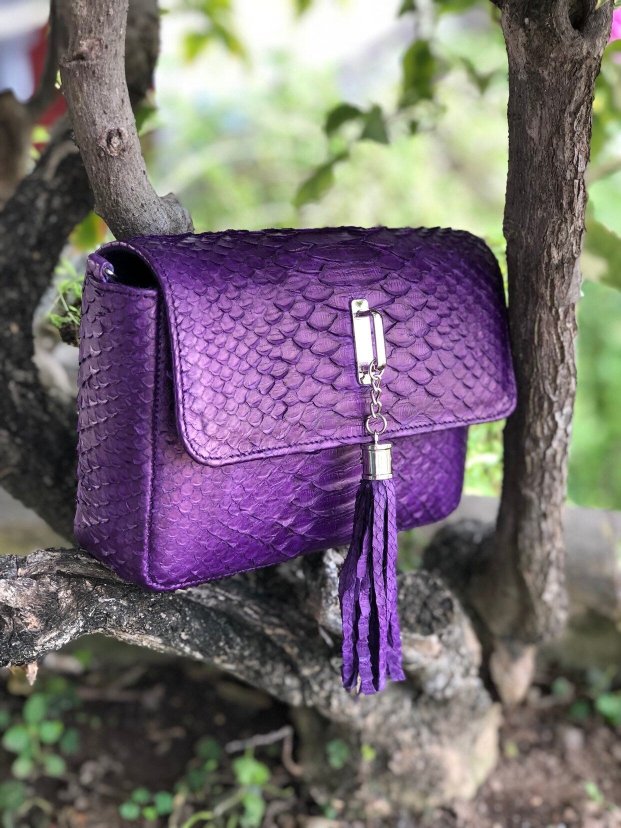 Genuine Python Skin Tassel Crossbody Bag — Violet