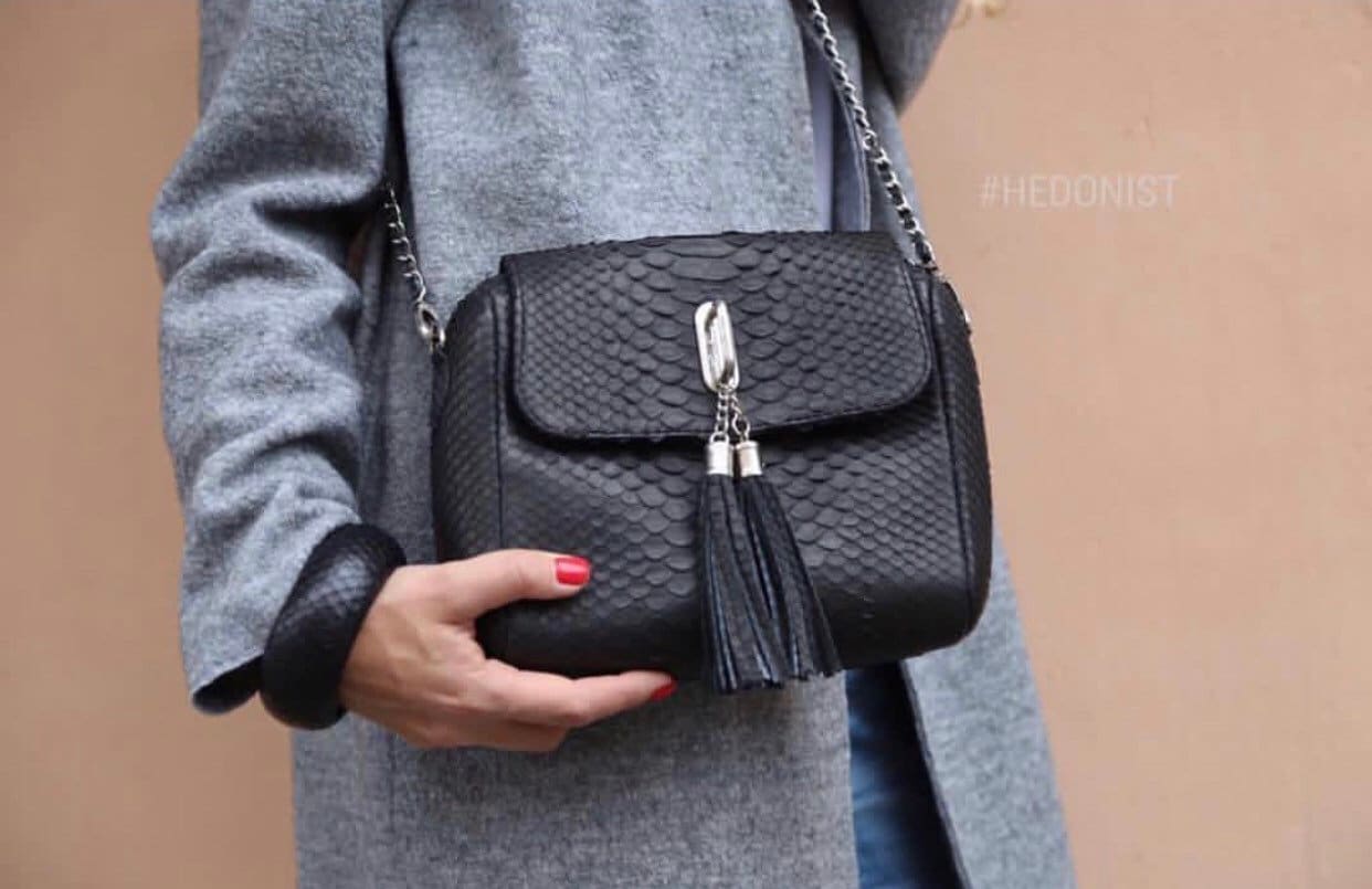 Genuine Python Skin Chain Crossbody Bag — Black Tassel