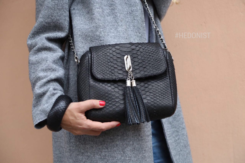 Genuine Python Skin Classy Crossbody Chain Bag Handmade — Black