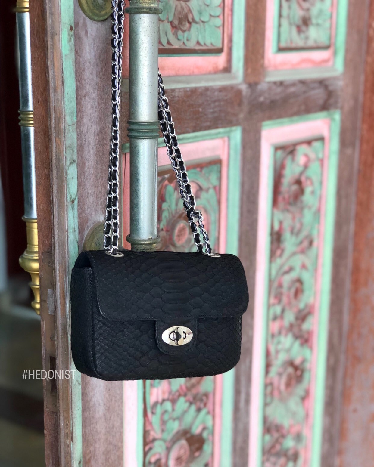 Genuine Python Skin Mini Chain Crossbody Bag — Black