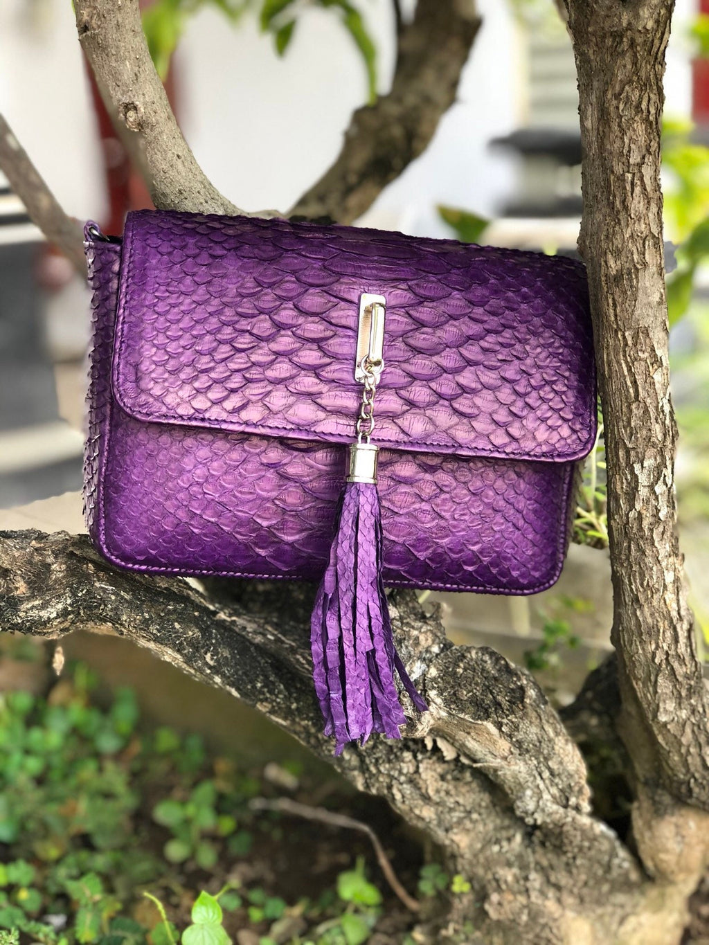 Genuine Python Skin Tassel Crossbody Bag — Violet