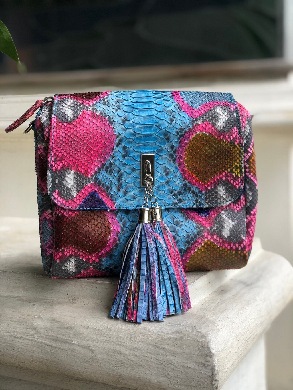Genuine Python Skin Tassel Crossbody Bag — Turquoise Multicolor