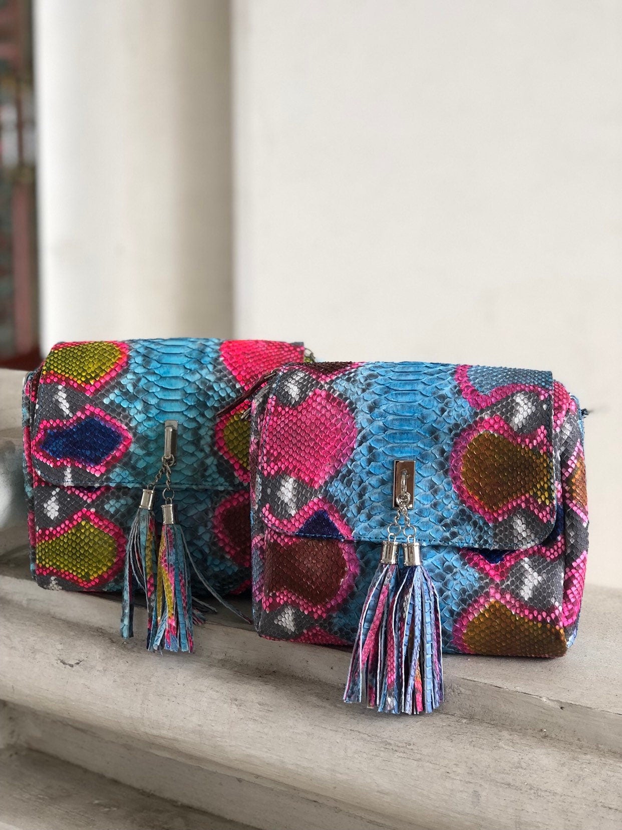 Genuine Python Skin Tassel Crossbody Bag — Turquoise Multicolor