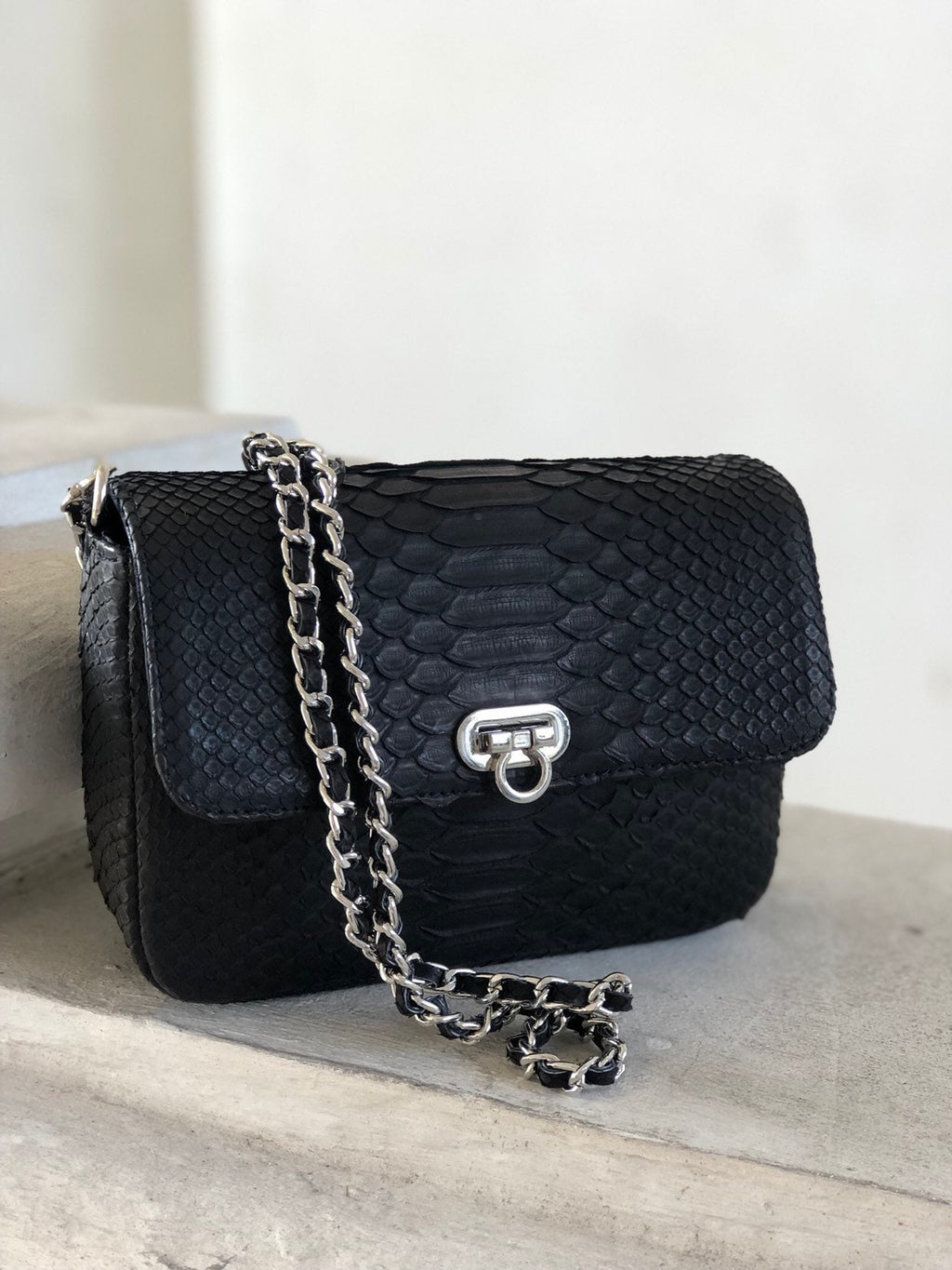 Genuine Python Skin Chain Crossbody Bag GINO — Black