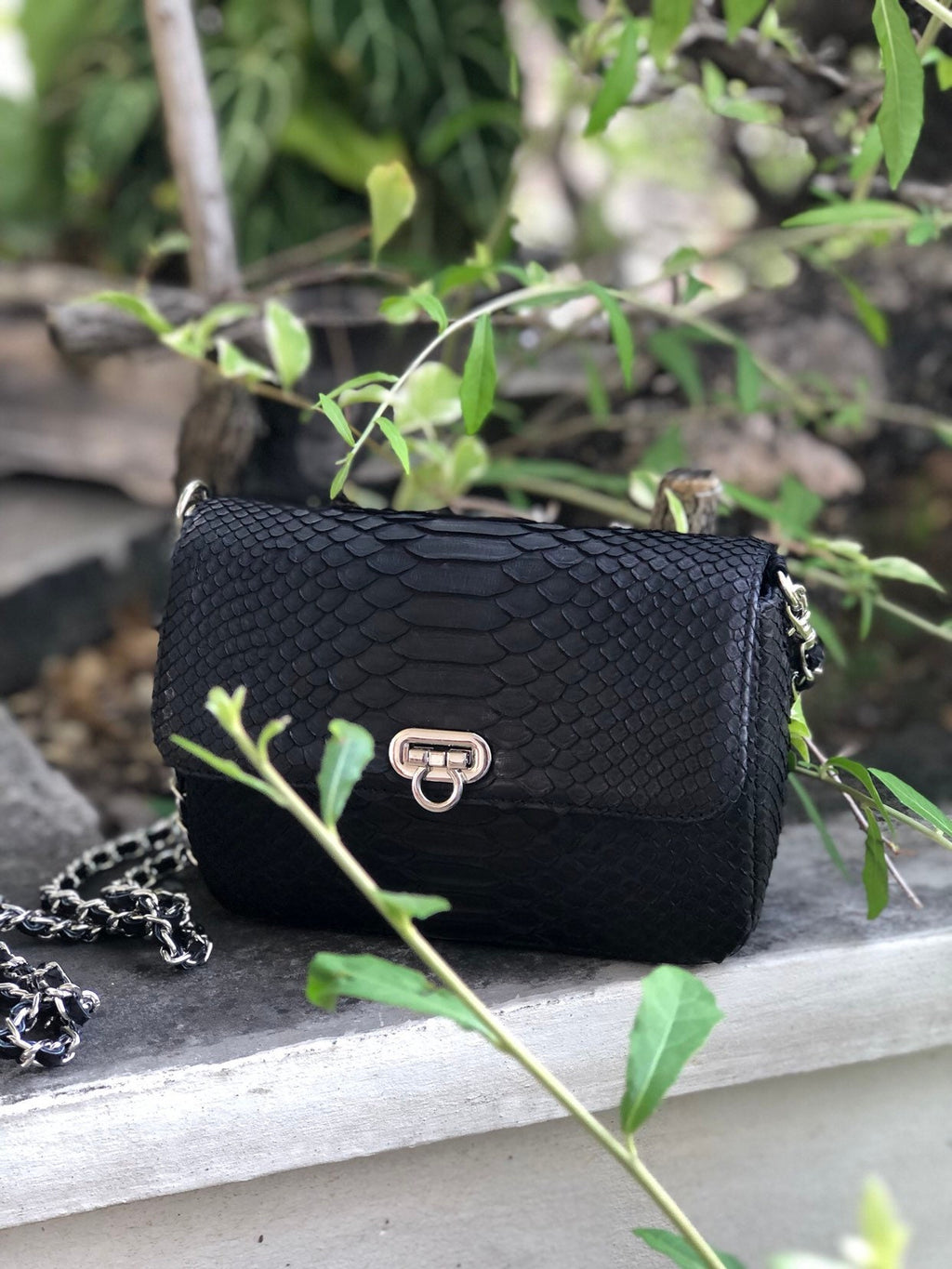 Genuine Python Skin Chain Crossbody Bag GINO — Black