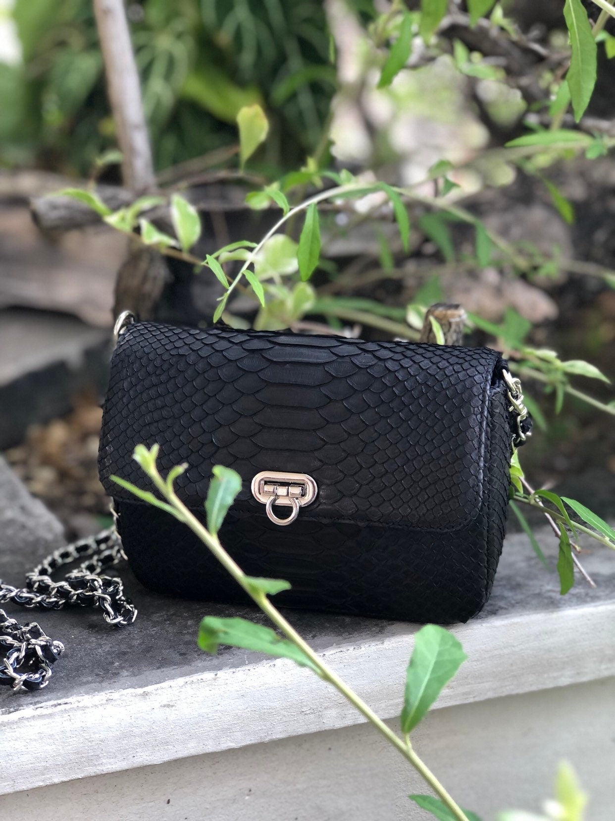 Genuine Python Skin Chain Crossbody Bag GINO — Black