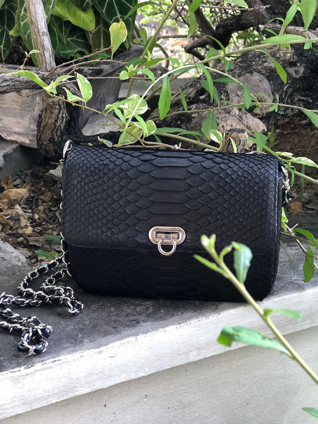 Genuine Python Skin Chain Crossbody Bag GINO — Black