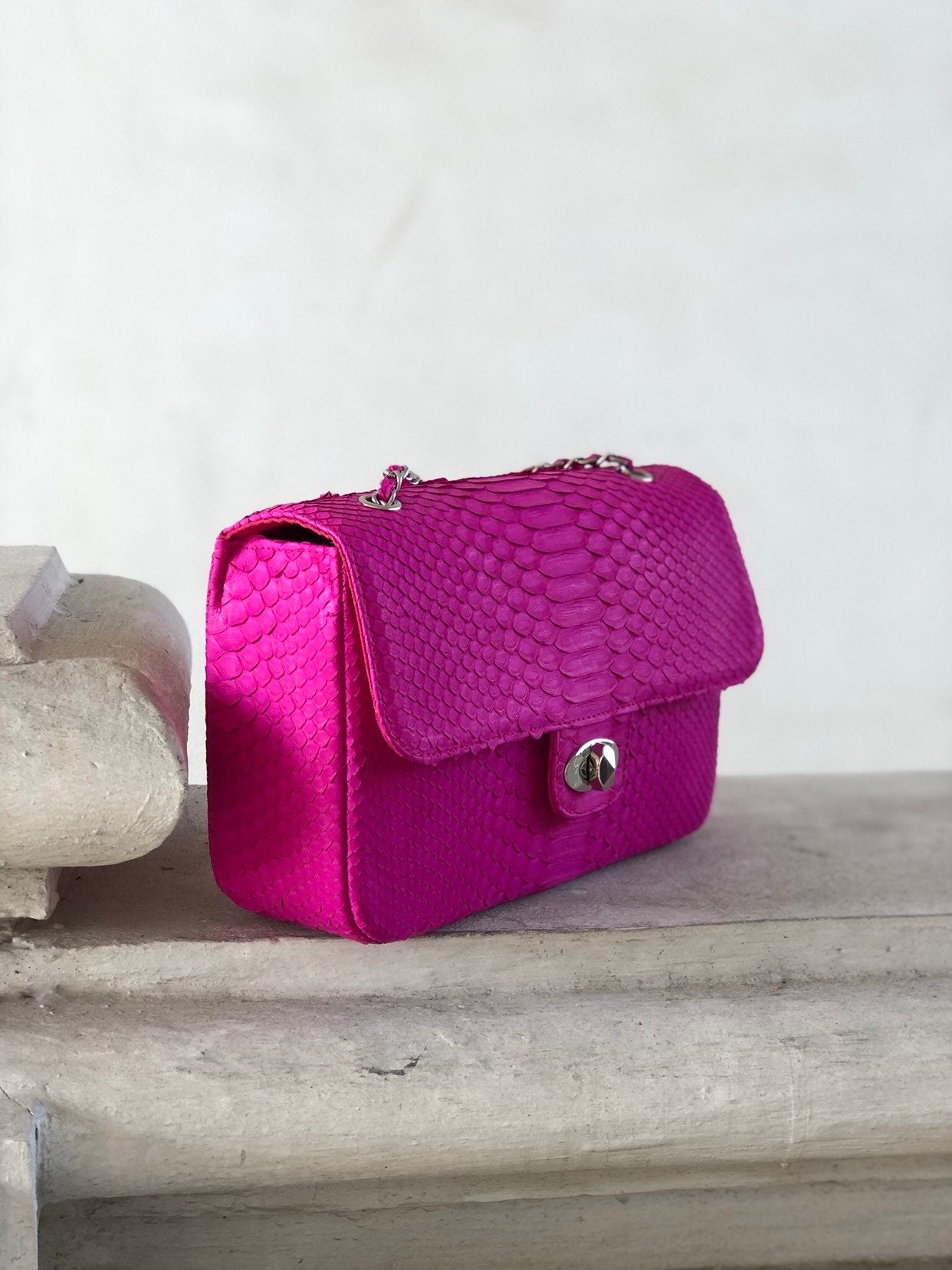 Genuine Python Skin Maxi Crossbody Bag — Fuchsia