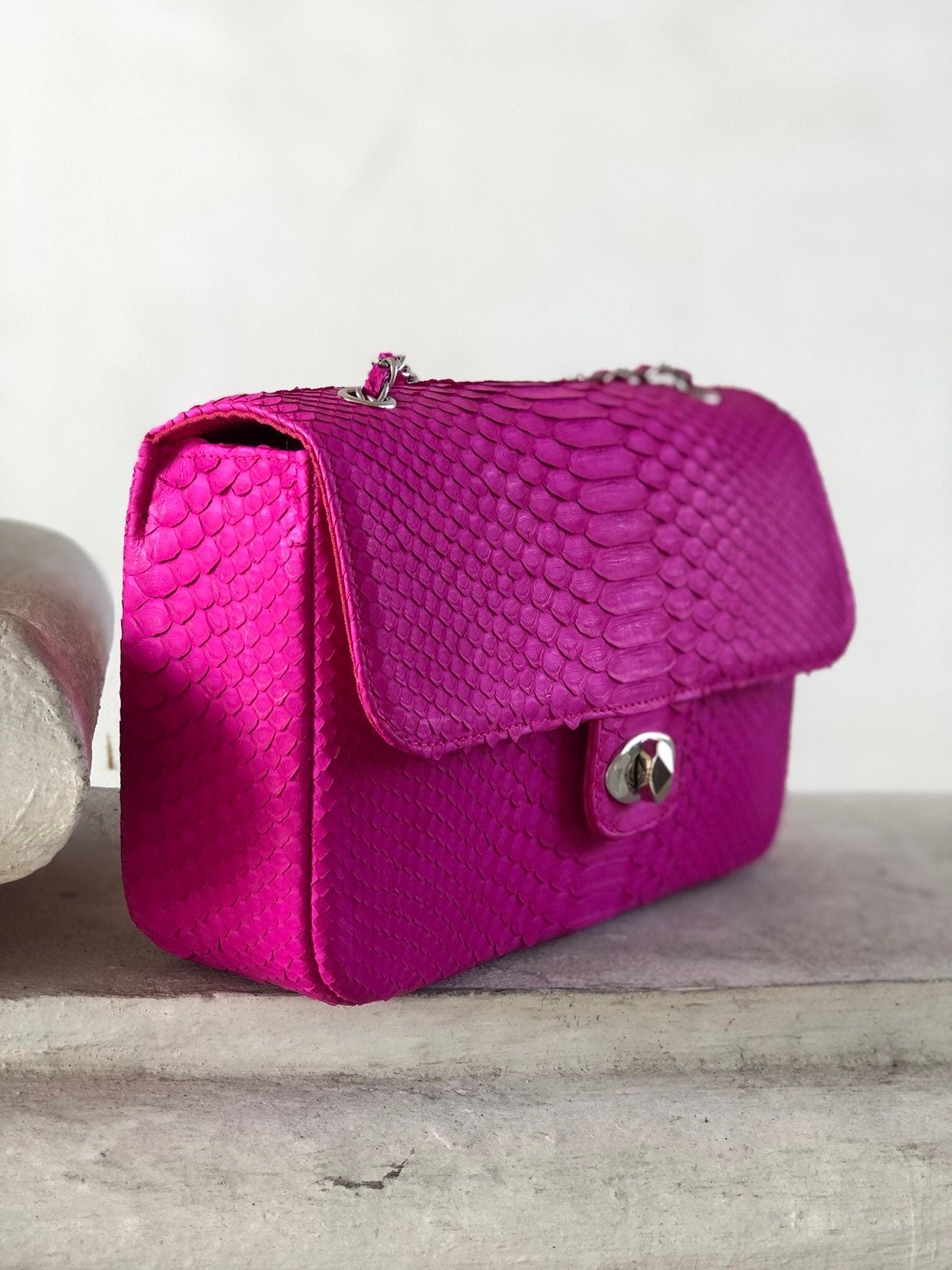 Genuine Python Skin Maxi Crossbody Bag — Fuchsia