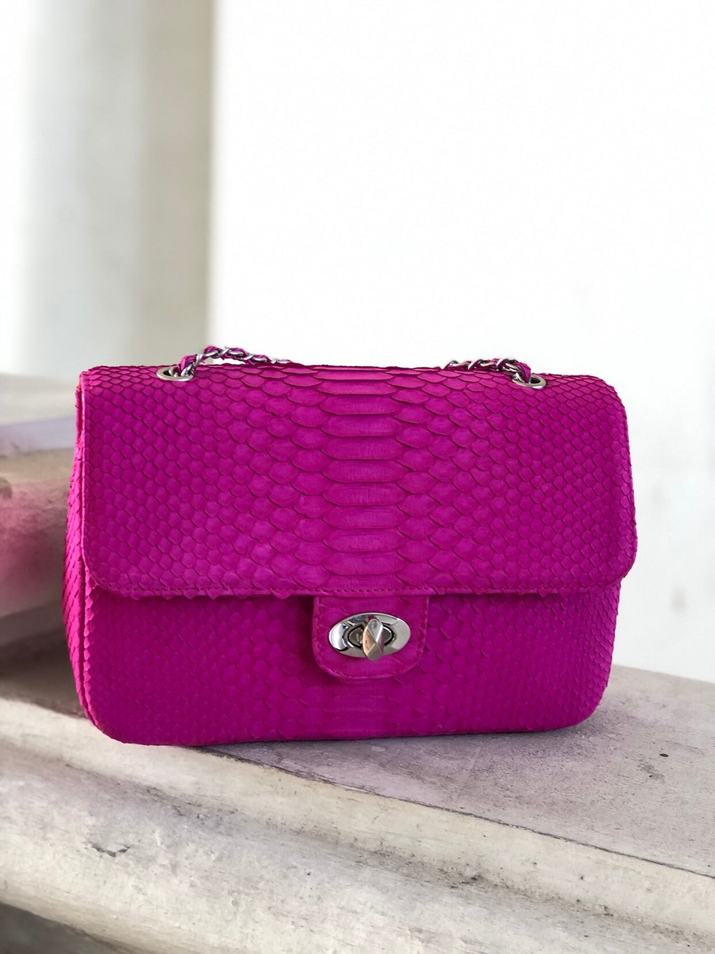 Genuine Python Skin Maxi Crossbody Bag — Fuchsia