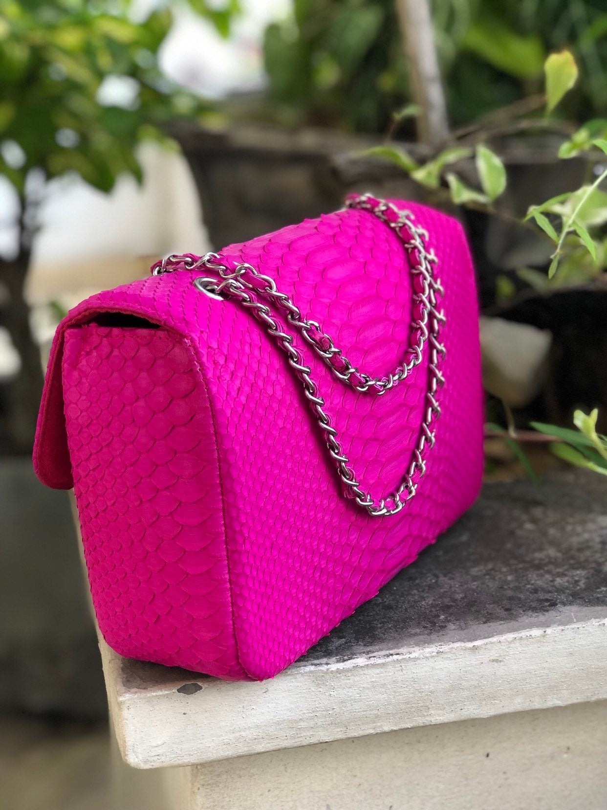 Genuine Python Skin Maxi Crossbody Bag — Fuchsia