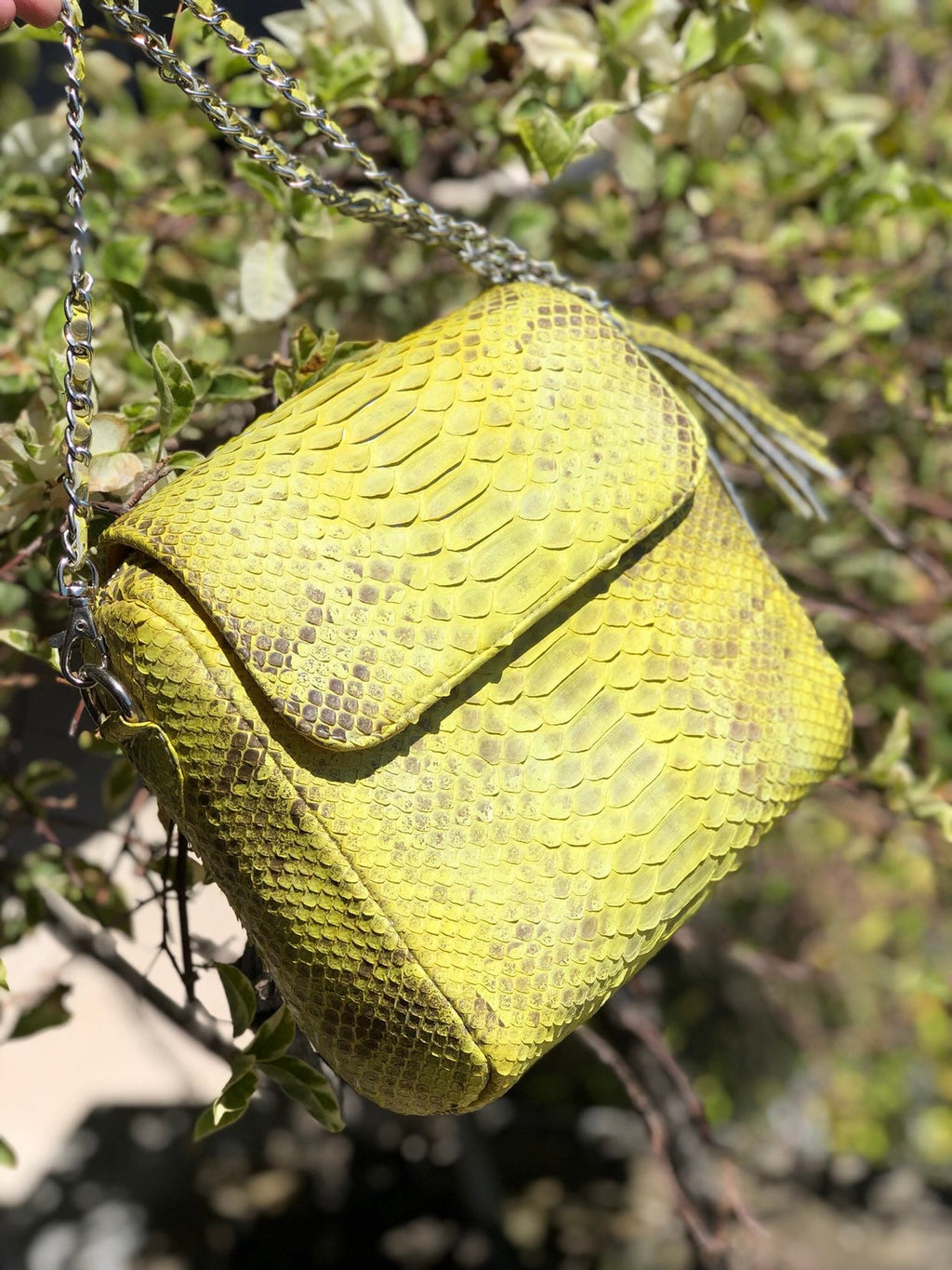 Genuine python skin crossbody chain yellow snake print tassel bag, summer bag elegant leather, snakeprint bag, convertable bag, yellow bag — Red