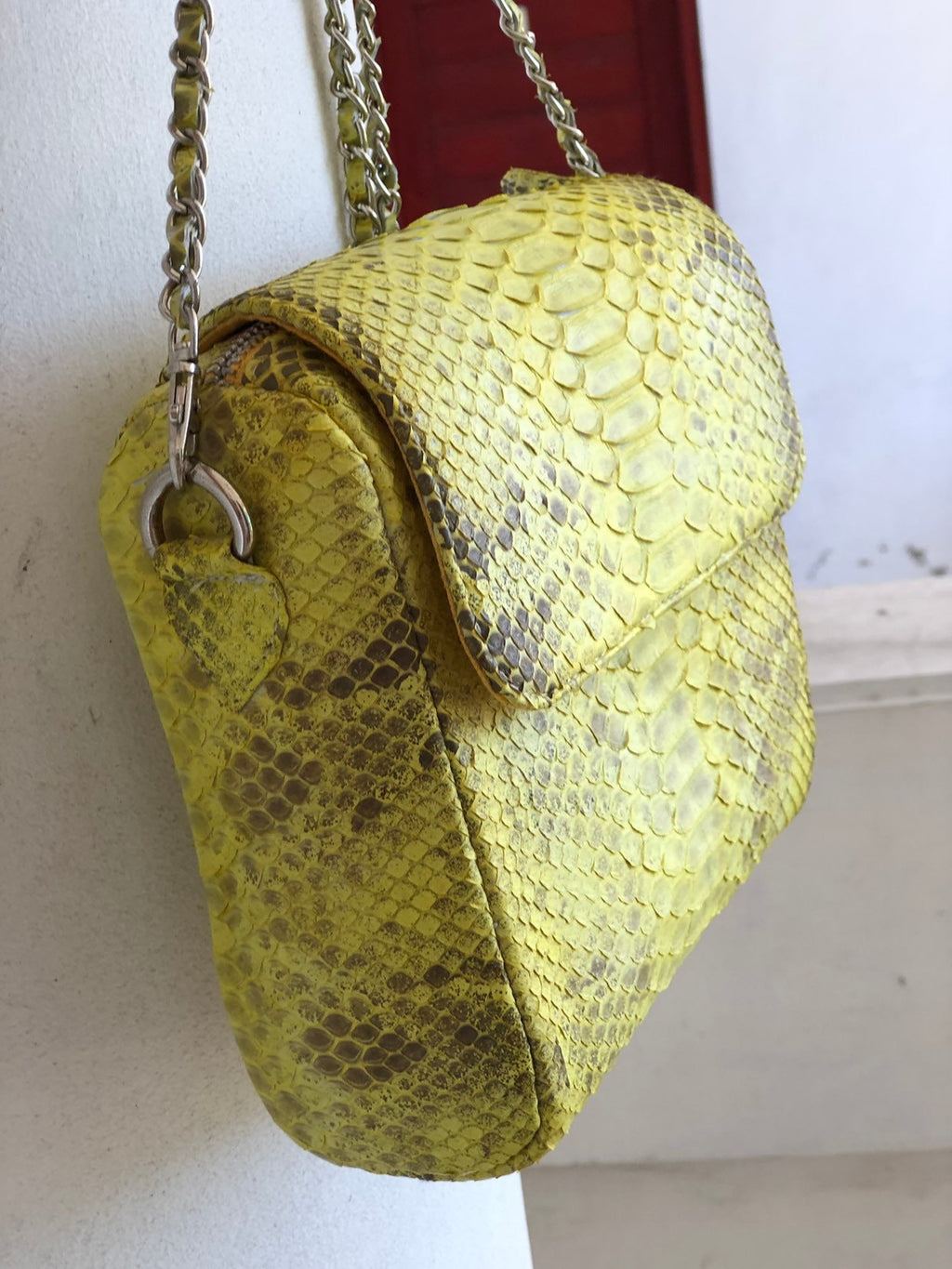 Genuine python skin crossbody chain yellow snake print tassel bag, summer bag elegant leather, snakeprint bag, convertable bag, yellow bag — Red