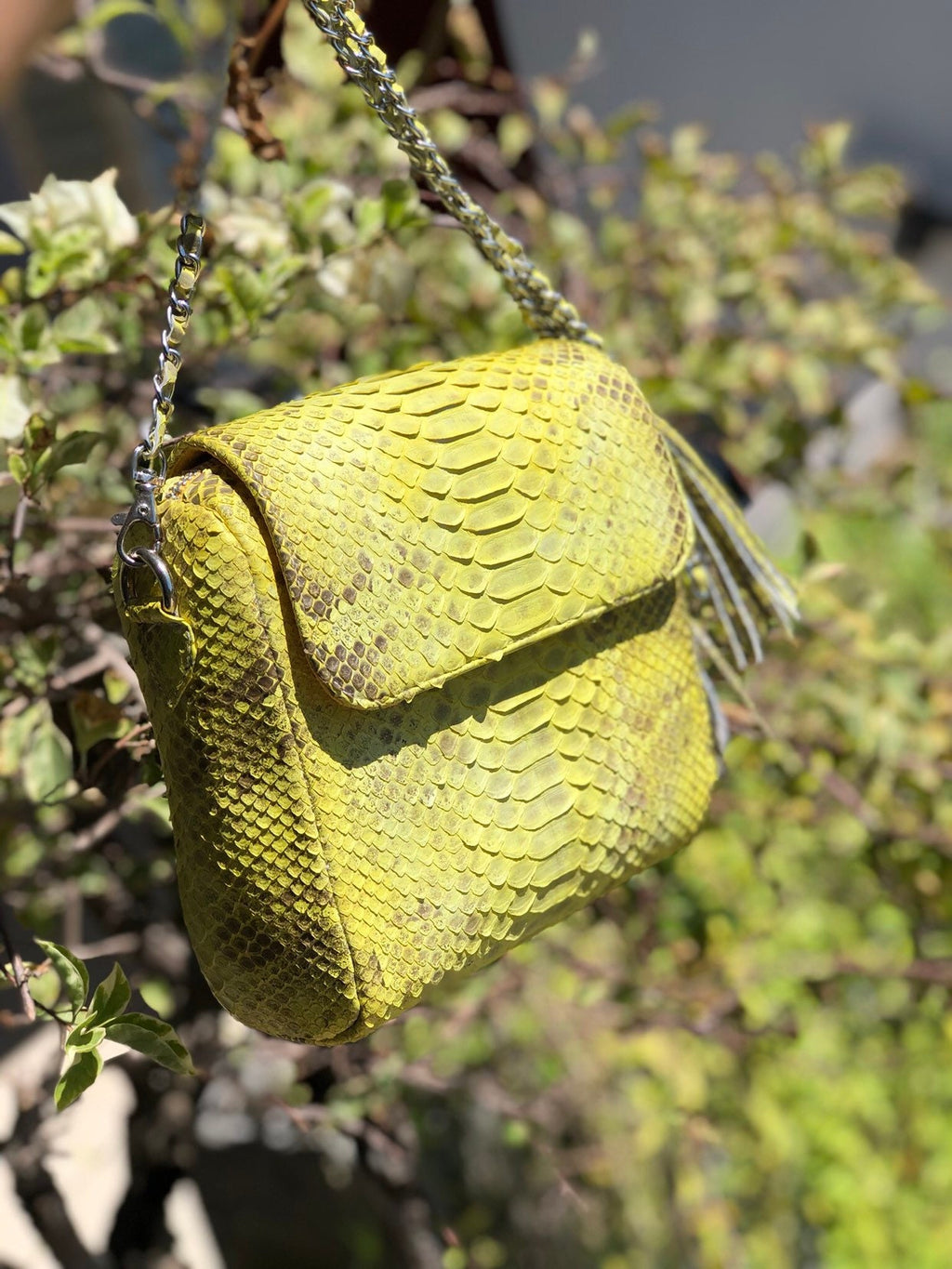 Genuine python skin crossbody chain yellow snake print tassel bag, summer bag elegant leather, snakeprint bag, convertable bag, yellow bag — Red