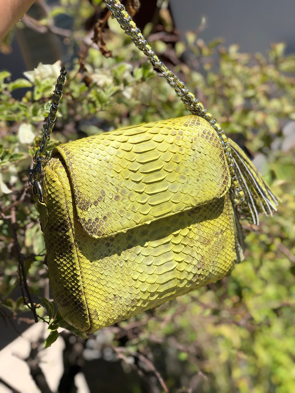 Genuine python skin crossbody chain yellow snake print tassel bag, summer bag elegant leather, snakeprint bag, convertable bag, yellow bag — Red