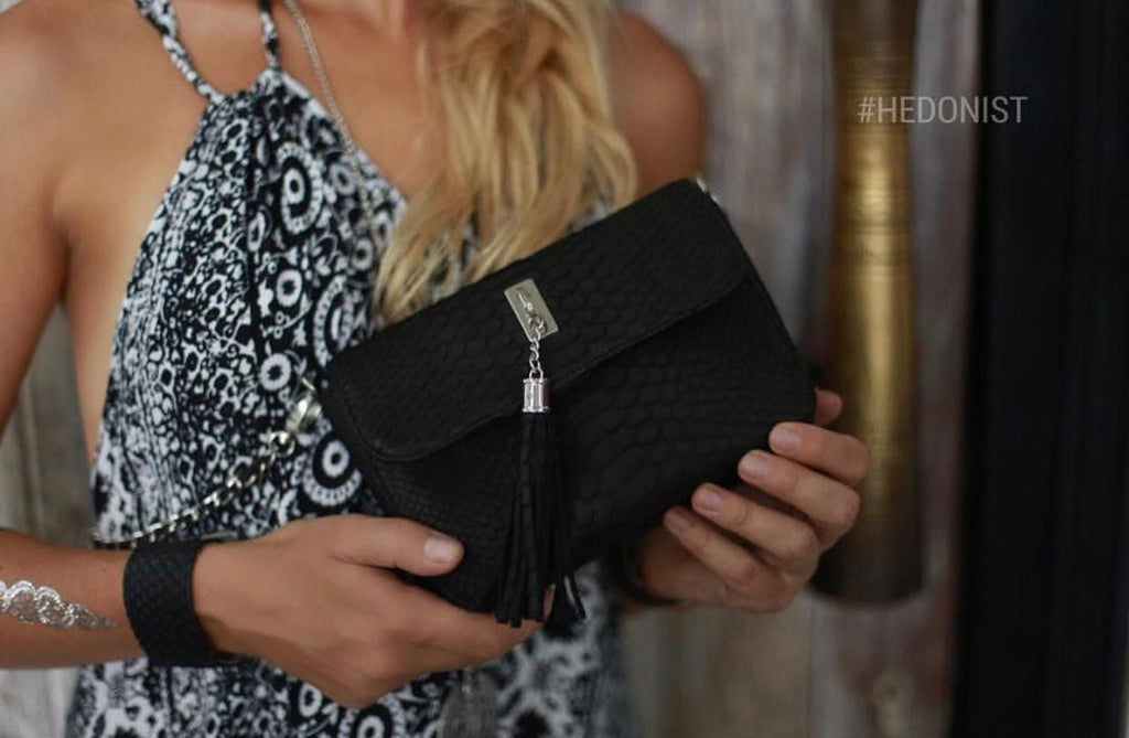 Genuine Python Skin Chain Tassel Crossbody Bag — Black