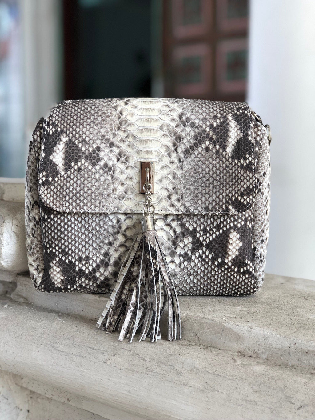 Genuine Python Skin Chain Tassel Crossbody Bag — Gray