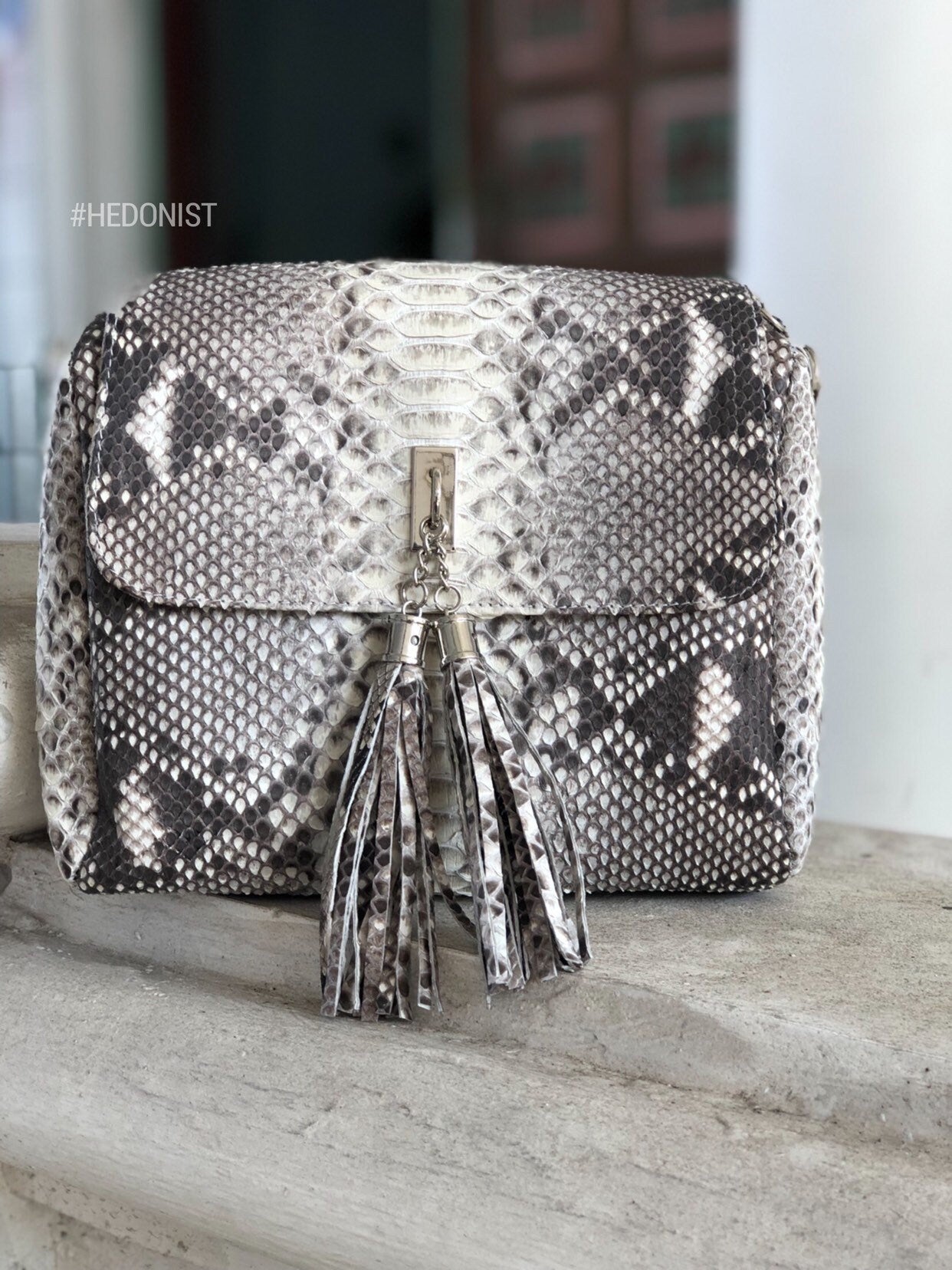 Genuine Python Skin Chain Tassel Crossbody Bag — Gray