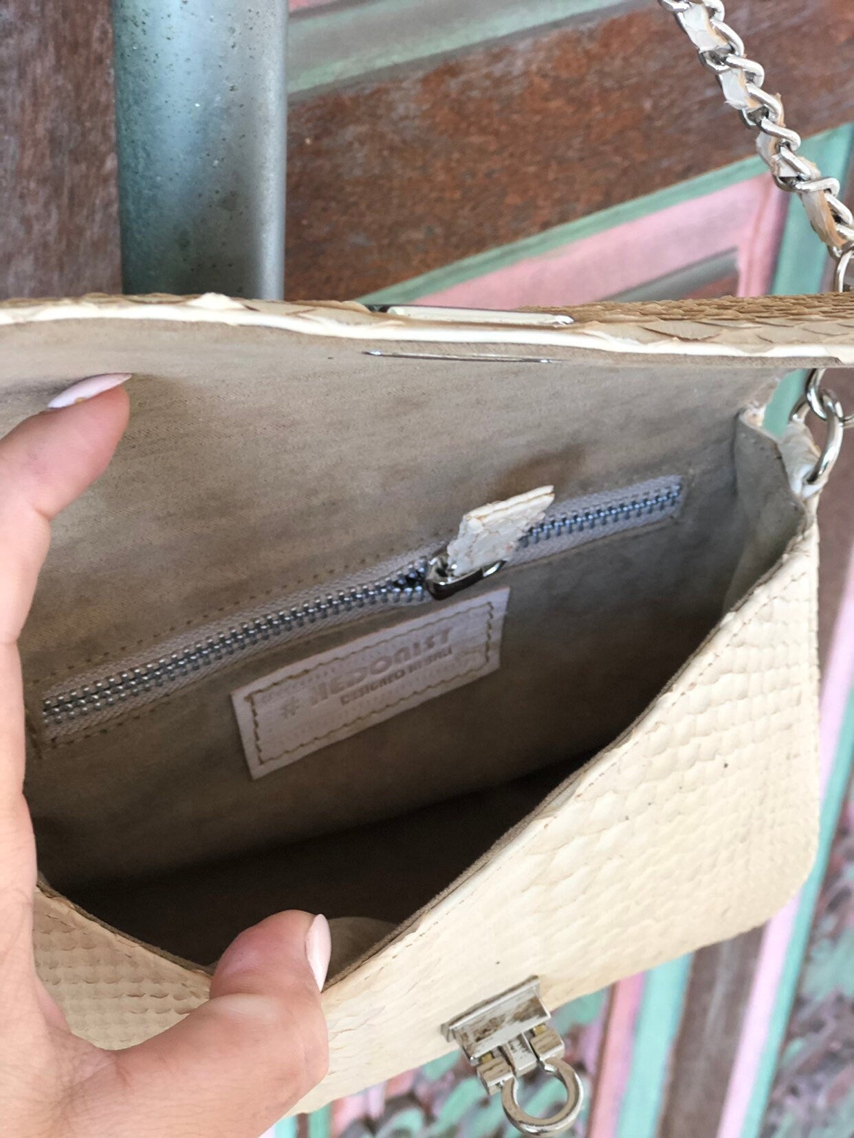 Genuine Python Skin Cream Color Crossbody Detachable Chain Handbag Mini Summer Elegant Classy Purse Clutch, Milk Color Python Leather Lady — Red