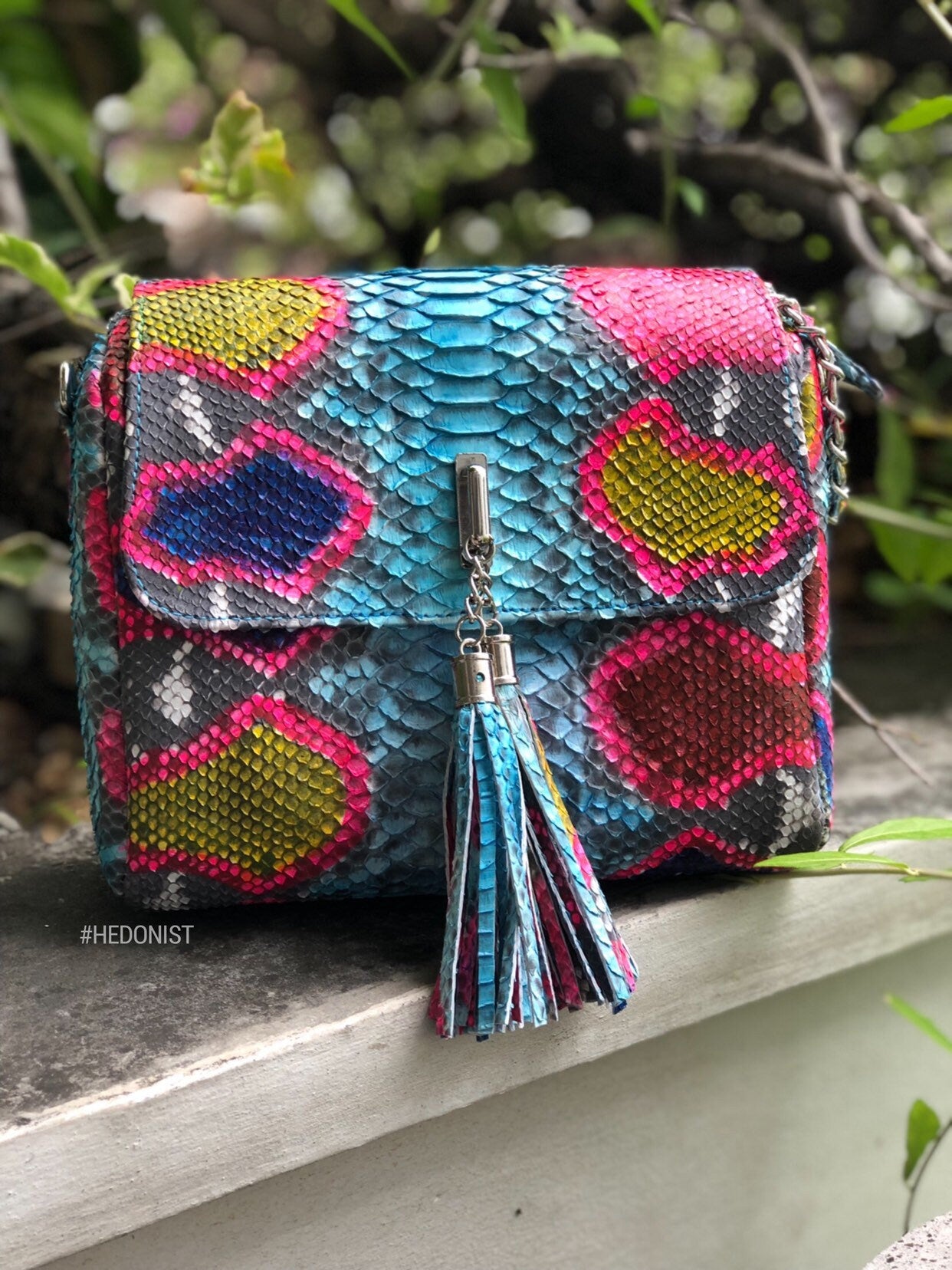 Genuine Python Skin Tassel Crossbody Bag — Turquoise Multicolor