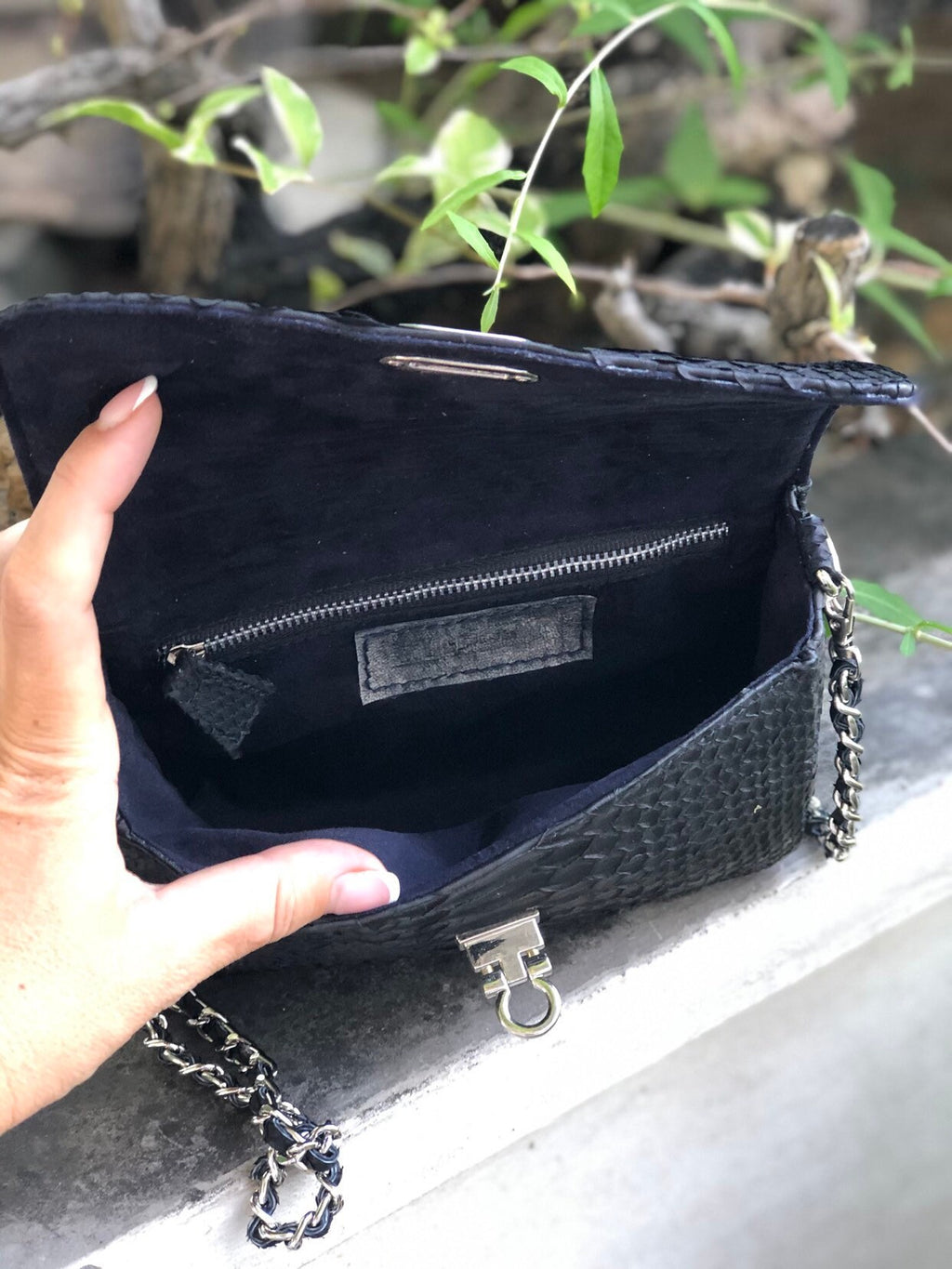 Genuine Python Skin Chain Crossbody Bag GINO — Black