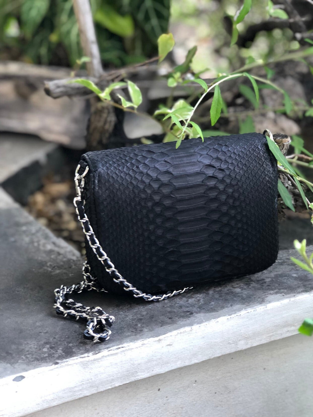 Genuine Python Skin Chain Crossbody Bag GINO — Black