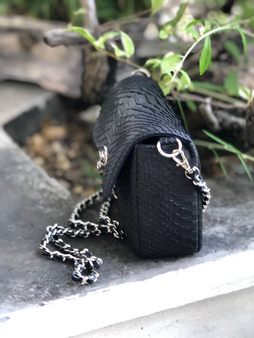 Genuine Python Skin Chain Crossbody Bag GINO — Black