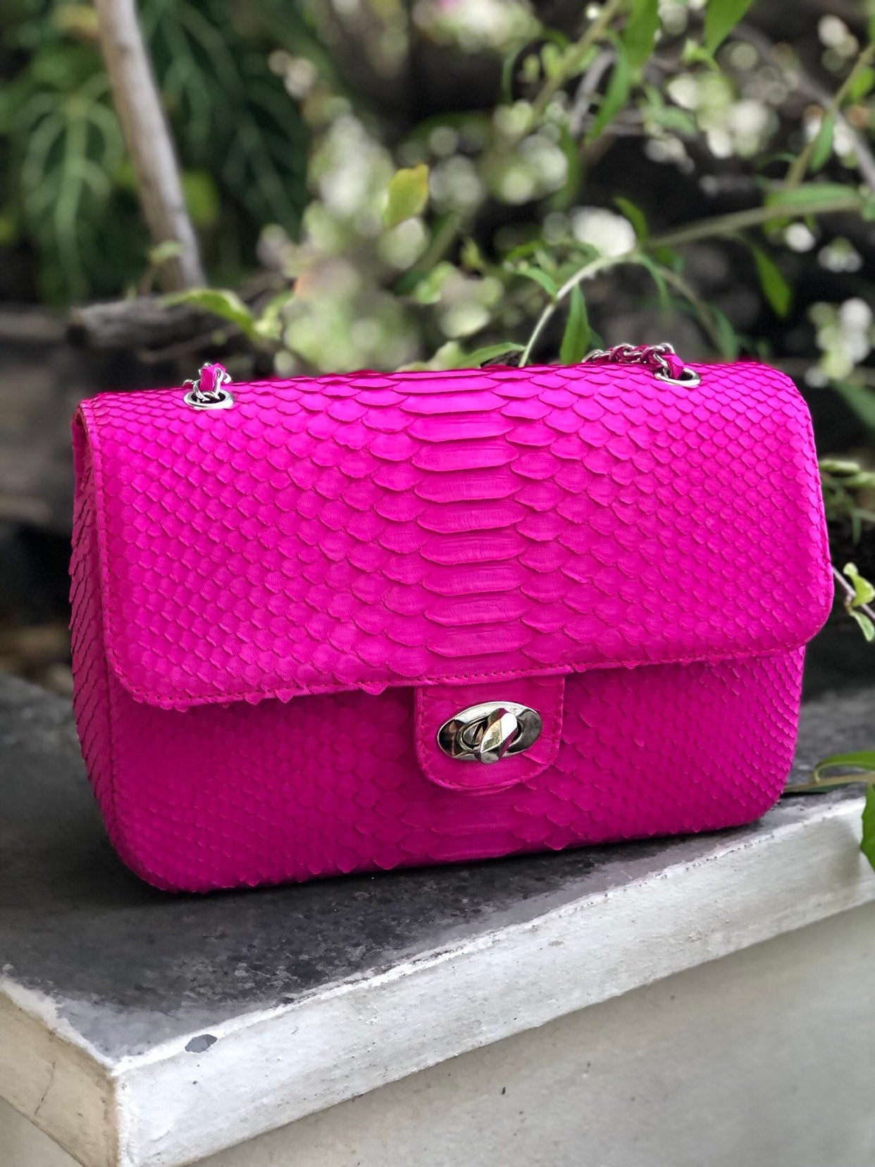 Genuine Python Skin Maxi Crossbody Bag — Fuchsia