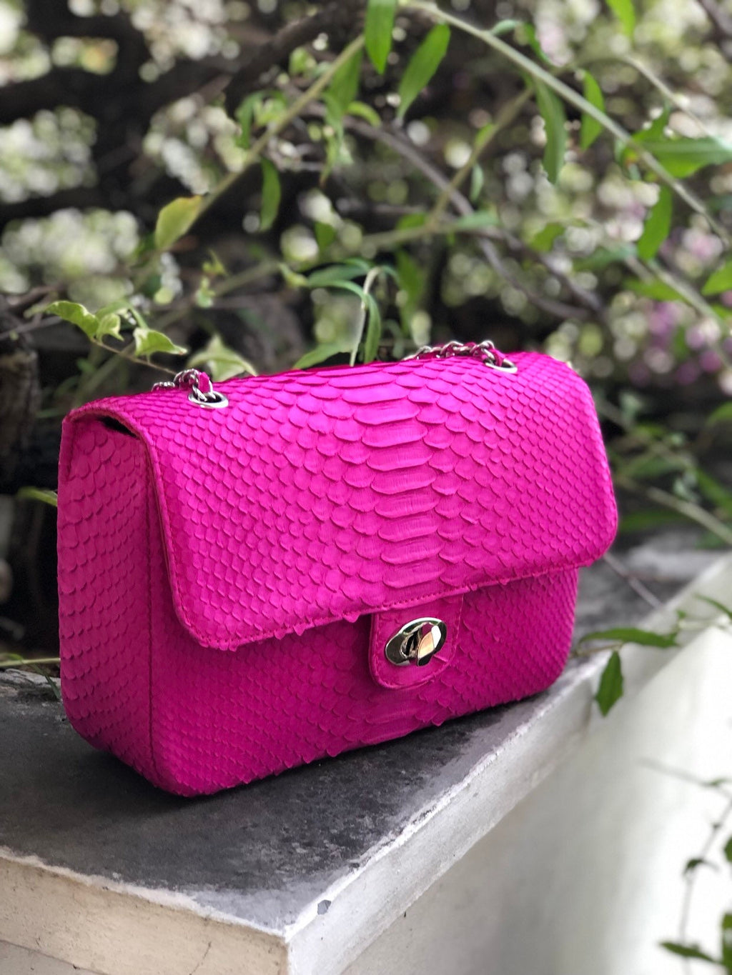 Genuine Python Skin Maxi Crossbody Bag — Fuchsia