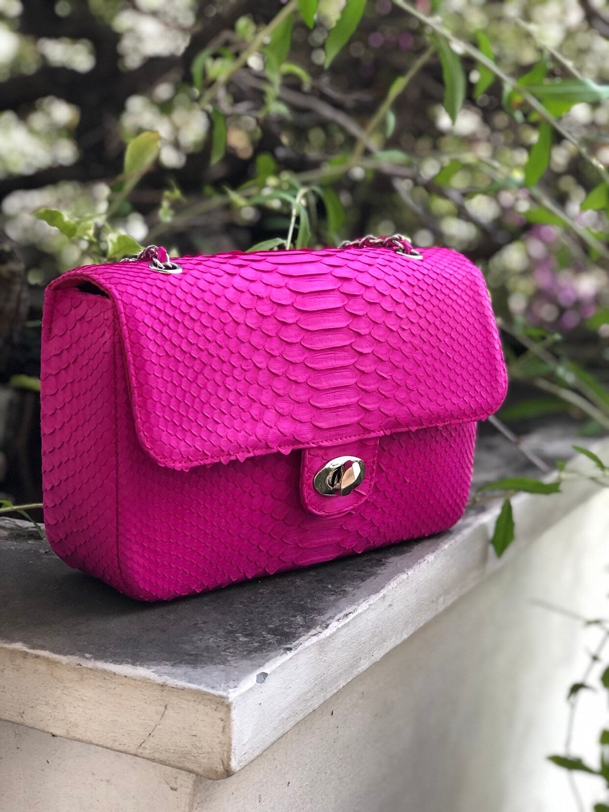 Genuine Python Skin Maxi Crossbody Bag — Fuchsia