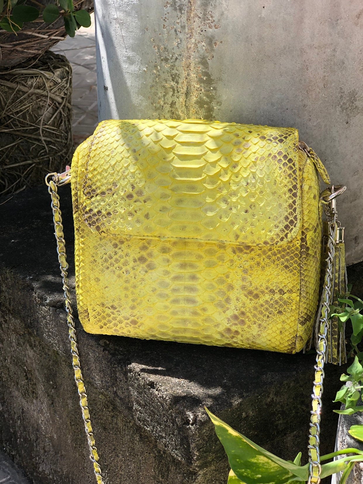 Genuine python skin crossbody chain yellow snake print tassel bag, summer bag elegant leather, snakeprint bag, convertable bag, yellow bag — Red