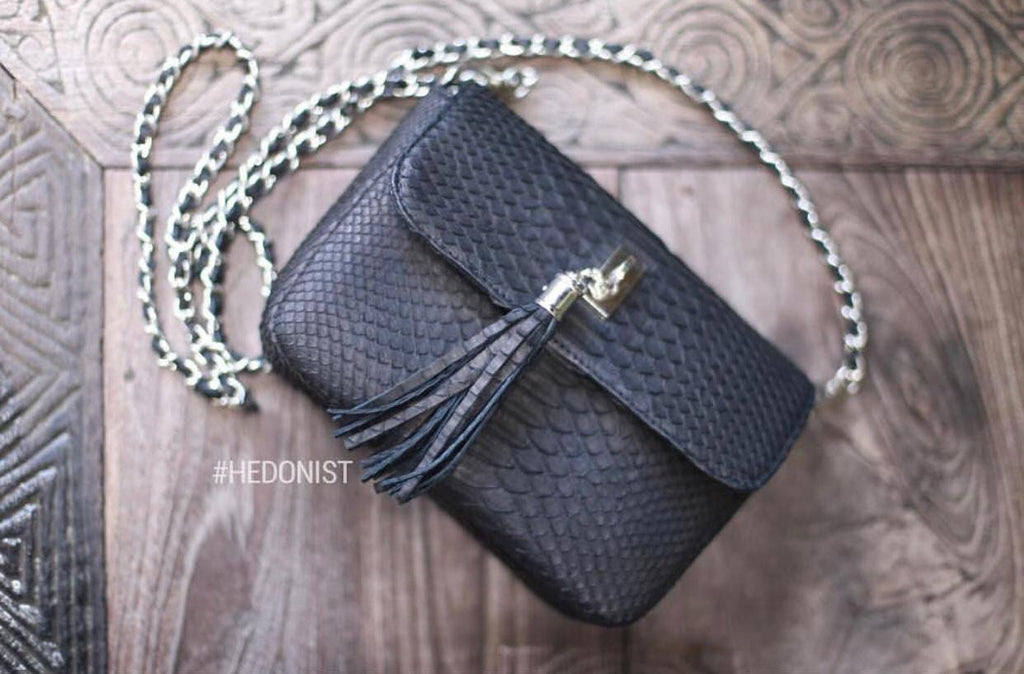 Genuine Python Skin Chain Tassel Crossbody Bag — Black